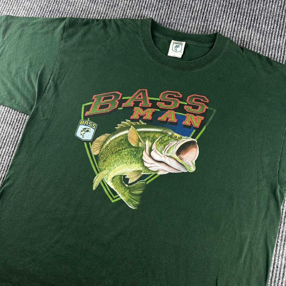 B.A.S.S. Bass Man T Shirt Mens XL Green Graphic Fishing Outdoors Tee 2649